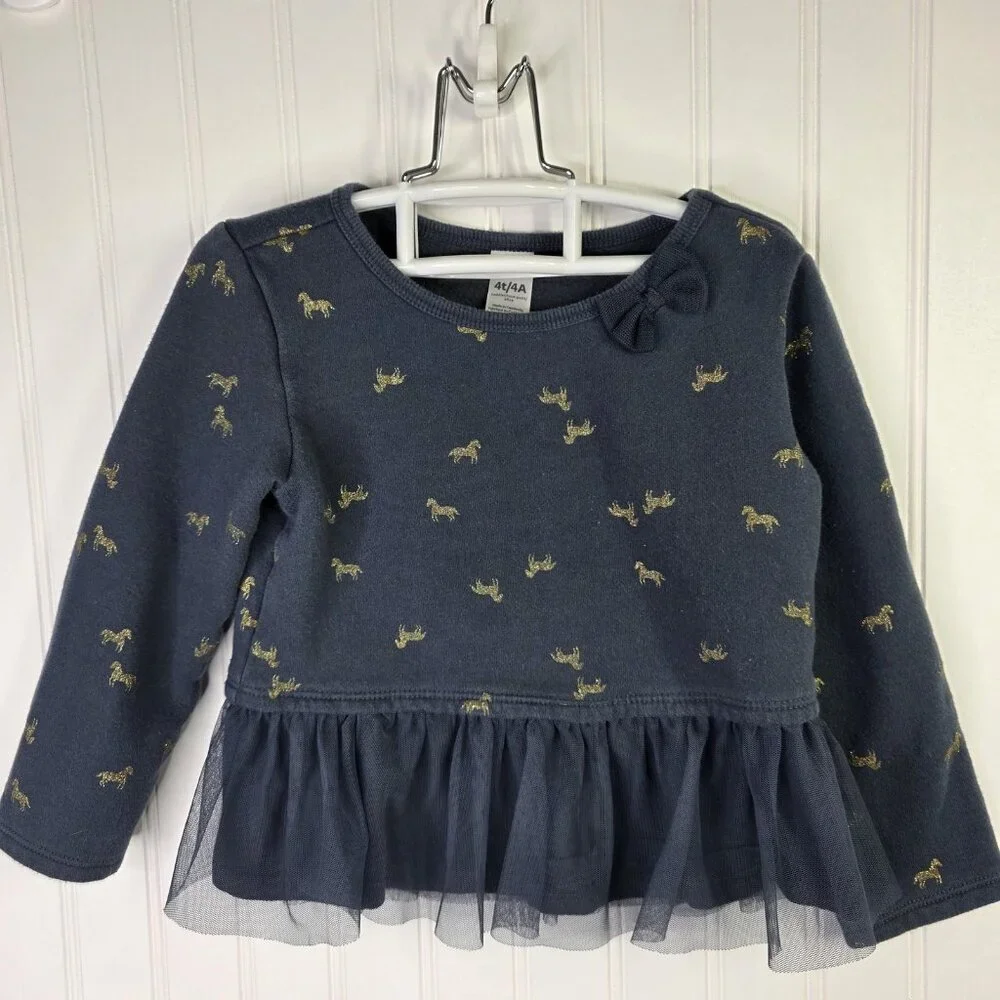 Carter's Sweatshirt Top Girls 4T Blue Horse Print Tulle Peplum Hem Bow Festive